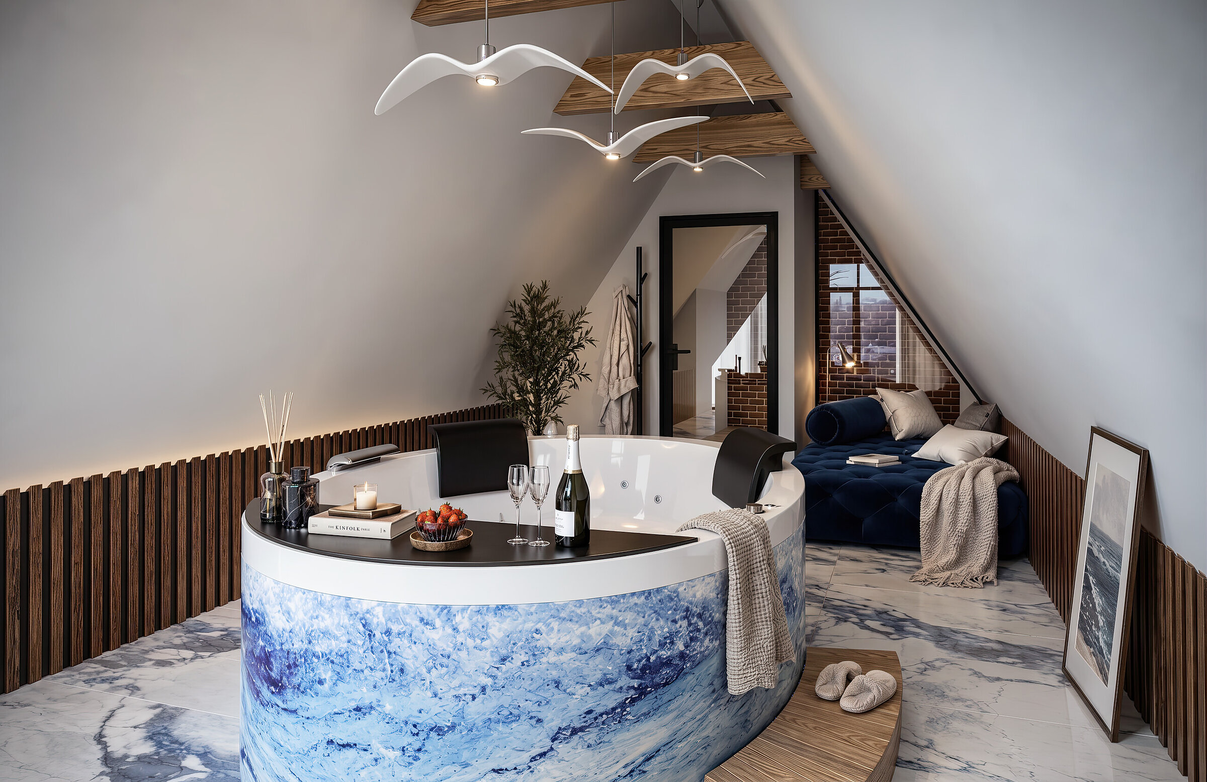 Visualisation of a spacious spa bathroom with a freestanding bathtub and a daybed