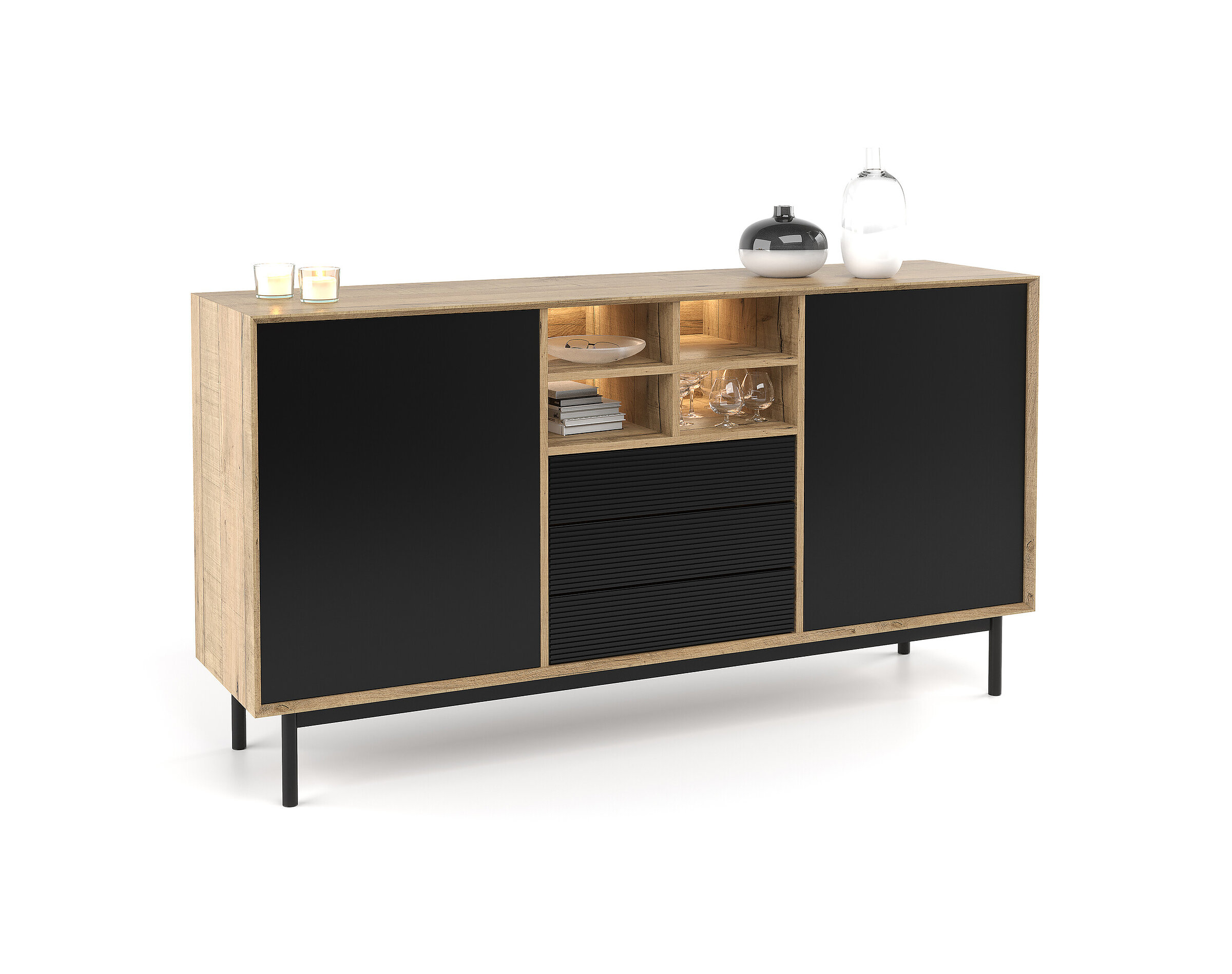 Render produktowy nowoczesnej komody w okleinie dąb bodega z czarnymi frontami na białym tle