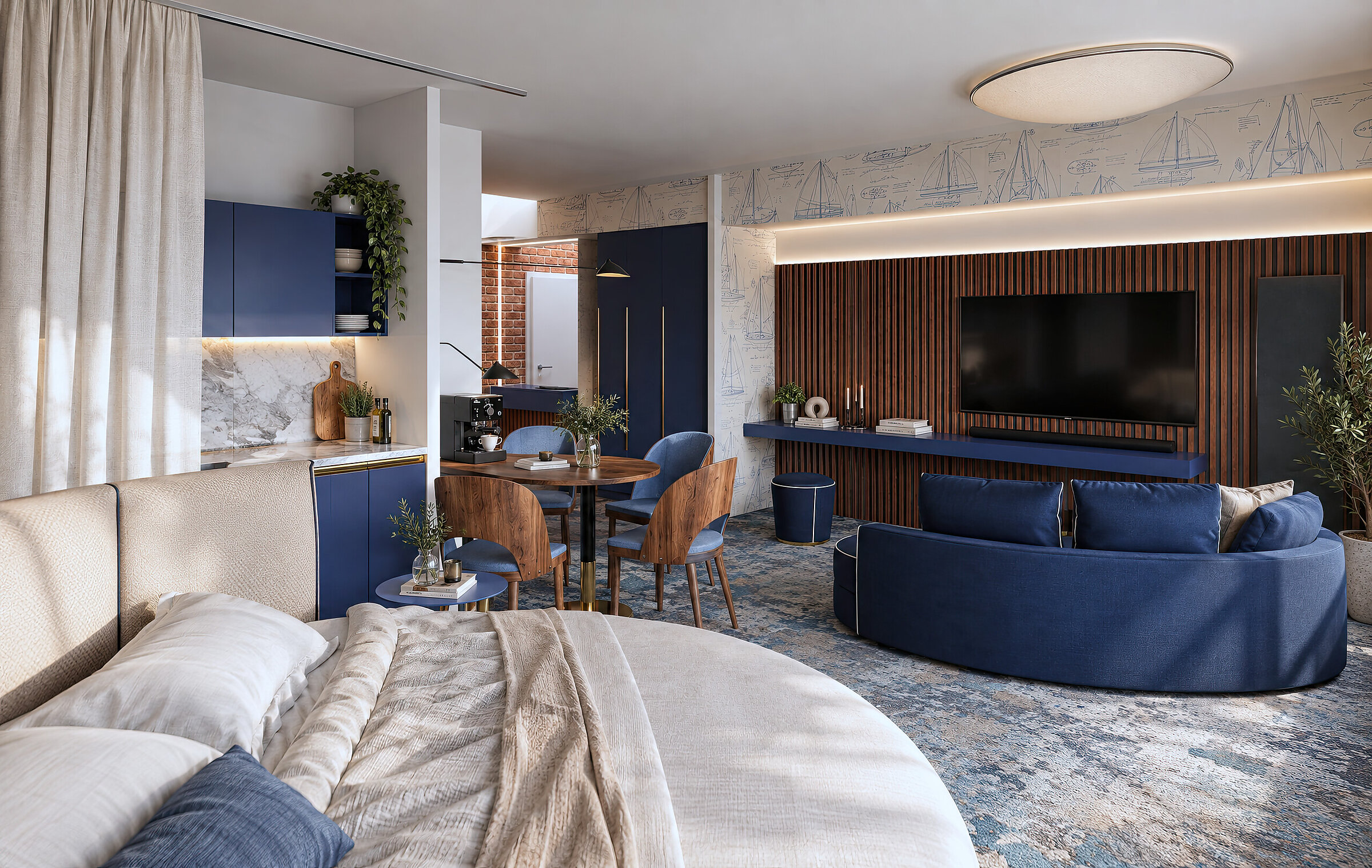 Visualisation of a nautical-style studio apartment featuring an open kitchen and a round bed